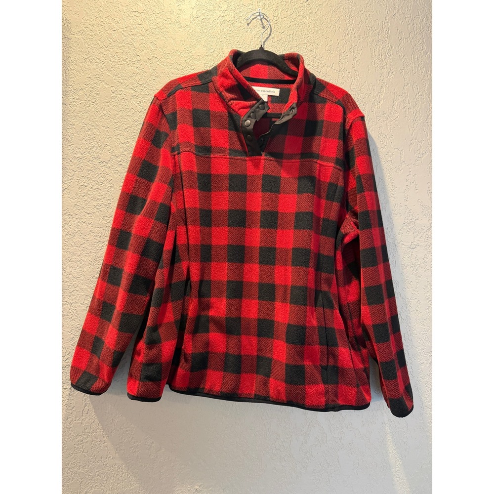 Amazon‎ Essentials Red Black Buffalo Plaid Fleece Snap Neck Pullover XL